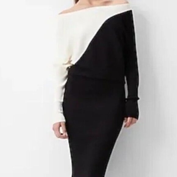 Express Colorblock Asymmetric Off The Shoulder Midi Sweater Dress - Picture 1 of 11